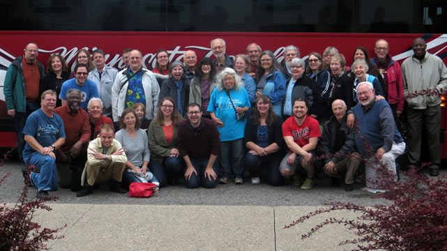 The band in front of the bus